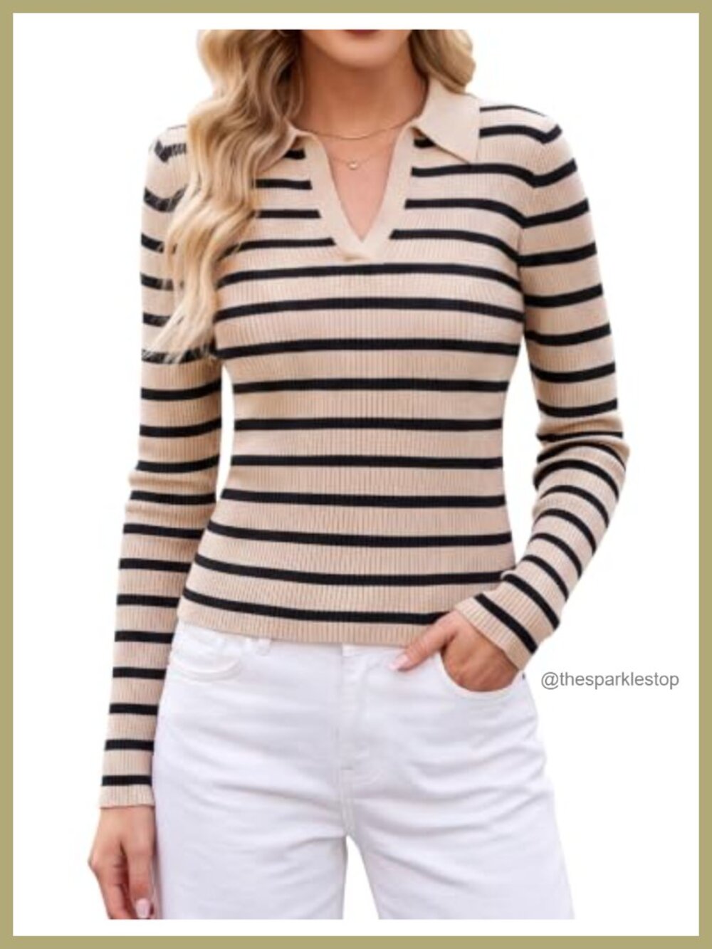 Striped Knit Pullover Sweater Long Sleeve V-Neck Lightweight Women's